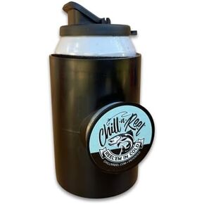 Chill-N-Reel Fishing Can Cooler (from Shark Tank) | Hard Shell Drink Holder with Hand Line Reel Attached | Fits Any Standard Insulator Sleeve or Coozie | Unique Fun Fishing Gift (Black & Spill Guard)
