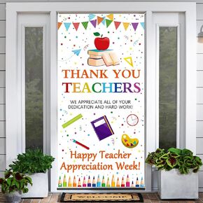 Teacher Appreciation Week Decorations Banner Door Cover 6x2.9 Ft Thank You Teachers Apples Pen Happy Teacher Appreciation Week Background for Indoor Outdoor Classroom,School,Office Decorations