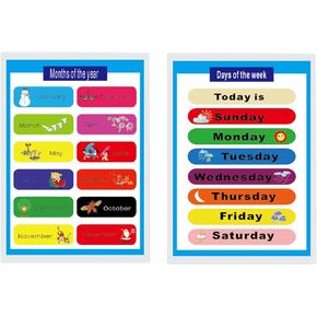 2 Laminated Educational Preschool Posters for kids | School Classroom Decor Great to have in a preschool - Months of The Year & Days of The Week 16.5 x 11.7inch