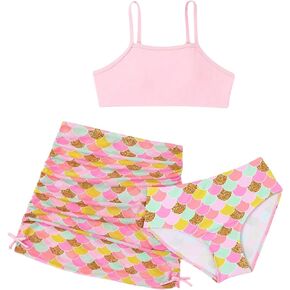 SweatyRocks Girl's 3 Piece Swimsuit Set Allover Print High Waist Bathing Suit with Cover Up Skirts