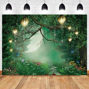 7x5FT Polyester Enchanted Forest Theme Photography Backdrop Mushroom Fairyland Green Tree Butterfly Theme Photoshoot Children Party Baby Shower Birthday Party Baby Girl Photo Background