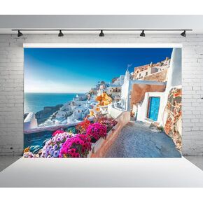 BELECO 7x5ft Fabric Greece Santorini Island Backdrop White Houses Architecture Romantic Aegean Sea Blooming Flowers Background for Birthday Wedding Photography Greece Party Decorations Photo Props