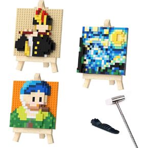 3 Packs World Famous Painting MOC Building Block Set, Kanagawa Surf & The Girl with The Pearl Earring & The Son of Man, with Mini Easel x 3 Mini Building Blocks Set (Not Compatible with Lego)