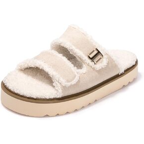 FUNKYMONKEY Fur Slides for Women Comfort Round Open Toe Double-strap with Cozy Lining, Faux Fur EVA Rubber Sole Slide Sandals