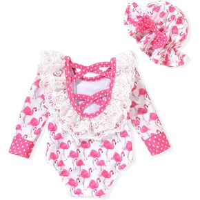 fioukiay Baby Girl Swimsuit Infant Lace Ruffle Criss Cross Back One-Piece Rash Guard with Hat Bathing Suit Beach Swimwear