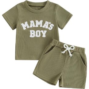 Kupretty Toddler Baby Boy Summer Clothes Embroiderey Waffle Knit Short Sleeve T-Shirt Tees + Casual Shorts Cute Clothing Set