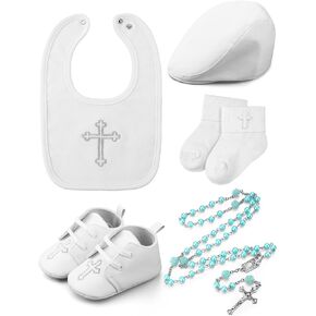 5 Pcs Baptism Bib for Baby Boys Cross Christening Socks Shoes Hat First Rosary White Baptism Outfits for Boys Toddler Infant First Communion Baptism Gift