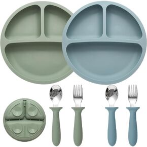 Baby Feeding Set, 2 Pack Silicone Divided Suction Plates for Baby, 2 Pack Spoons and Forks Set, BPA Free, Baby Led Weaning Supplies for Toddler Utensils