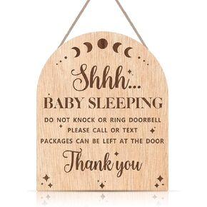 Baby Sleeping Wooden Sign (12x12 inch), Do Not Knock or Ring Door Knob Sign for Front Door, New Mom Gifts Do Not Disturb Door Hanger Sign for Porch Baby Bedroom Decor