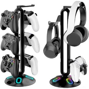 RGB Headphone Controller Stand, 9 Lighting Modes Gaming Headset Holder for Desk, Controller Headphone Holder with USB*2+Type-C+3.5mm - Charging & Data for Gaming Setup Gamer Accessories(Black) in Saudi Arabia