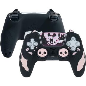 GeekShare PS5 Controller Skin Set,Anti-Slip Silicone Protective Cover Skin for PlayStation 5 Wireless Controller, with 2 Thumb Grip Caps and 2 Stickers - Sweetheart Skull (Black)