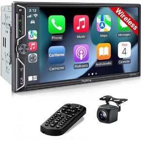 [Wireless Upgrade] Double Din Car Radio with Wireless Apple CarPlay and Android Auto, Bluetooth, 4.2-Channel Audio Output, MirrorLink, 7" HD QLED Touchscreen, Backup Camera, AM/FM Car Stereo