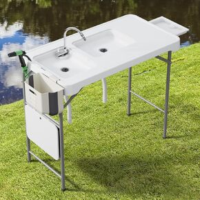 Fish Cleaning Table with Sink 42.6" Width Portable Folding Camping Table with Measure Mark|Outdoor Fish Cleaning Station with Grid Rack&Fish Cleaning Kit for Patio