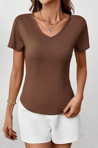 Womens T Shirts Short Sleeve V Neck Tees Basic Tshirts Ribbed Casual Top in Saudi Arabia