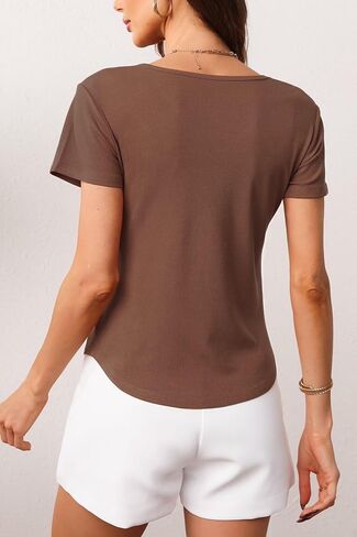 Womens T Shirts Short Sleeve V Neck Tees Basic Tshirts Ribbed Casual Top in Saudi Arabia