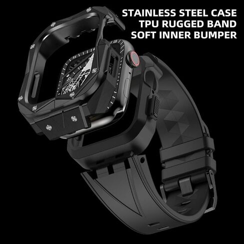 Metal Case Band Compatible with Apple Watch 45mm/44mm Series 9/8/7/6/SE/5/4, Stainless Steel Cases Men Rugged Bands Heavy Duty Military Protective Bumper Cover with Sport Strap for iWatch 45mm/44mm in Saudi Arabia