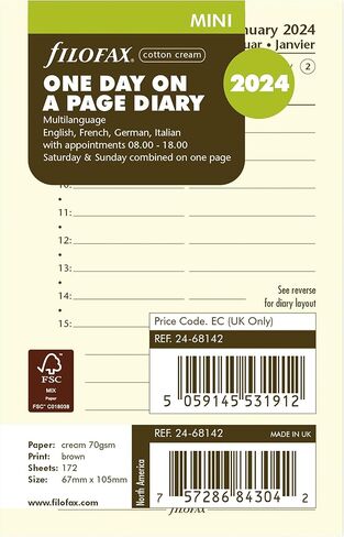Filofax Calendar Diary Refill, Mini Size, Day on One Page with Appointments, Ruled, Cotton Cream Paper, Multilingual: Four Languages, 2024 (C68142-24) in Saudi Arabia