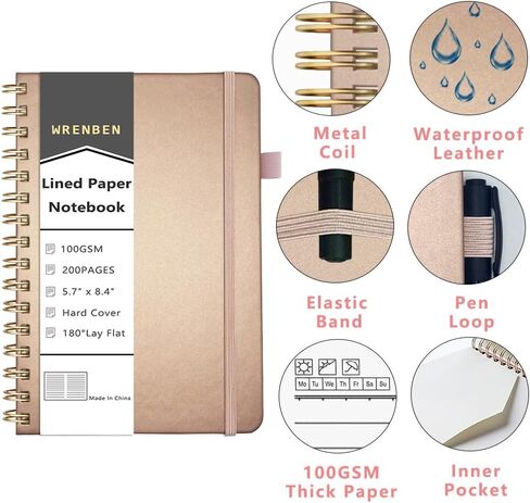 Leather Spiral Notebook A5 Lined Journal Hardcover Composition Notebooks 200 Pages 100GSM Thick Paper Diary Rose Gold Planner for women 5.7 x 8.4 Inches (Lined, Rosegold) in Saudi Arabia