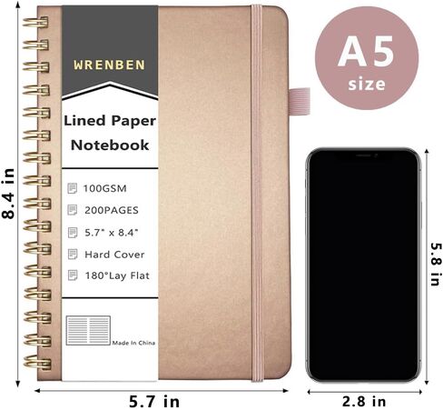Leather Spiral Notebook A5 Lined Journal Hardcover Composition Notebooks 200 Pages 100GSM Thick Paper Diary Rose Gold Planner for women 5.7 x 8.4 Inches (Lined, Rosegold) in Saudi Arabia