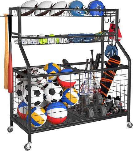 رف تخزين الكرات للمعدات الرياضية، منظم جراج، 45 بوصة ارتفاع، منظمات تخزين الألعاب، حامل كرة السلة مع سلال للاستخدام الداخلي والخارجي in Kuwait