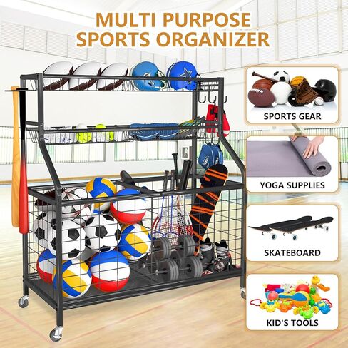 رف تخزين الكرات للمعدات الرياضية، منظم جراج، 45 بوصة ارتفاع، منظمات تخزين الألعاب، حامل كرة السلة مع سلال للاستخدام الداخلي والخارجي in Kuwait