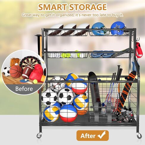 رف تخزين الكرات للمعدات الرياضية، منظم جراج، 45 بوصة ارتفاع، منظمات تخزين الألعاب، حامل كرة السلة مع سلال للاستخدام الداخلي والخارجي in Kuwait