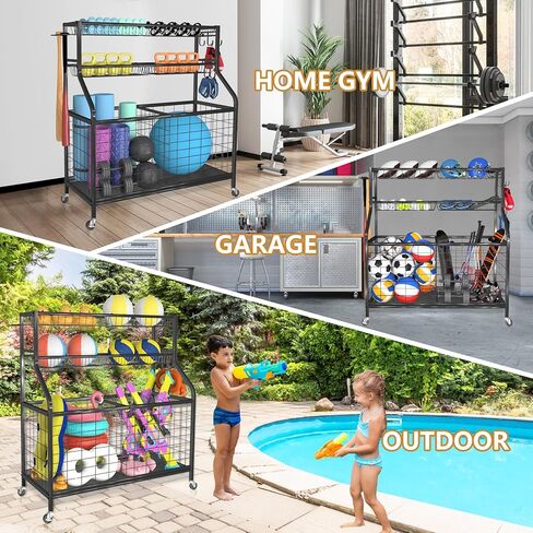 رف تخزين الكرات للمعدات الرياضية، منظم جراج، 45 بوصة ارتفاع، منظمات تخزين الألعاب، حامل كرة السلة مع سلال للاستخدام الداخلي والخارجي in Kuwait