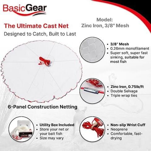 Cast Net, 3-14ft Radius, 1/4, 3/8 and 1/2 in Mesh | For Bait Fish, Double Lead Line, Stainless Steel Swivel, Neoprene Wrist Strap, Repair Kit Included in Kuwait