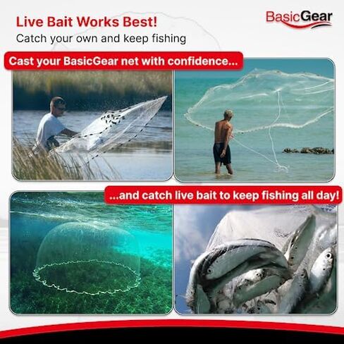 Cast Net, 3-14ft Radius, 1/4, 3/8 and 1/2 in Mesh | For Bait Fish, Double Lead Line, Stainless Steel Swivel, Neoprene Wrist Strap, Repair Kit Included in Kuwait