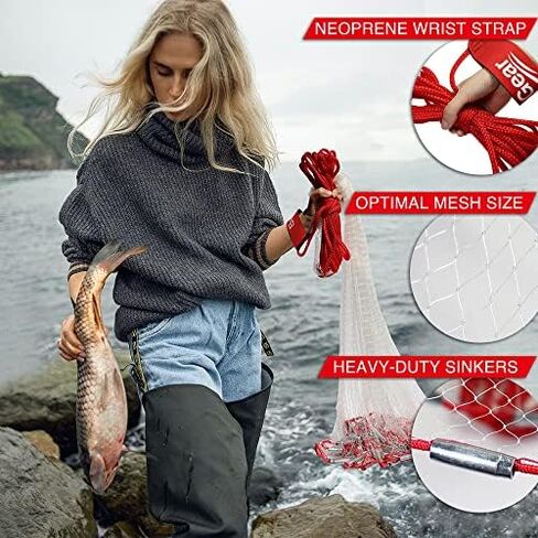 Cast Net, 3-14ft Radius, 1/4, 3/8 and 1/2 in Mesh | For Bait Fish, Double Lead Line, Stainless Steel Swivel, Neoprene Wrist Strap, Repair Kit Included in Kuwait