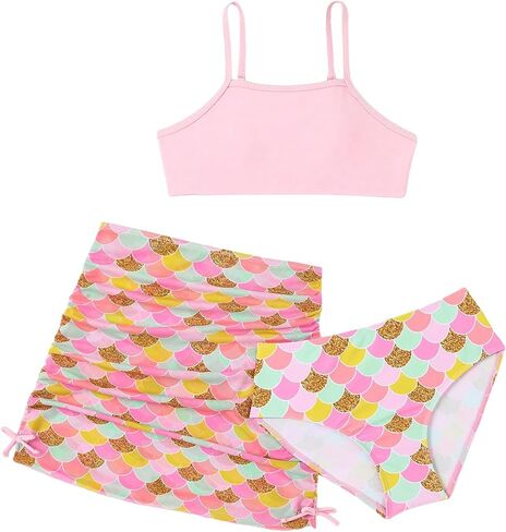 SweatyRocks Girl's 3 Piece Swimsuit Set Allover Print High Waist Bathing Suit with Cover Up Skirts in Saudi Arabia