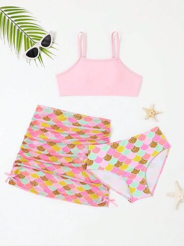 SweatyRocks Girl's 3 Piece Swimsuit Set Allover Print High Waist Bathing Suit with Cover Up Skirts in Saudi Arabia