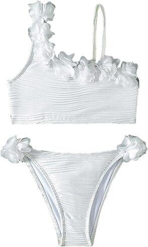 WDIRARA Girl's 2 Pieces Swimwear Floral Appliques Textured Asymmetrical Neck Sleeveless Tank Tops and Panty Bikini Sets in Saudi Arabia