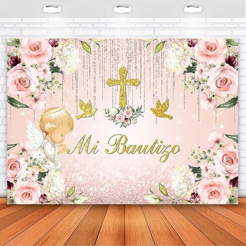 Avezano Mi Bautizo Backdrop Glitter Angel God Bless Backdrops Baptism Floral First Holy Communion Party Decorations for Newborn Baby Shower Photobooth (6x4ft, 71x47inch, Blue) in Saudi Arabia