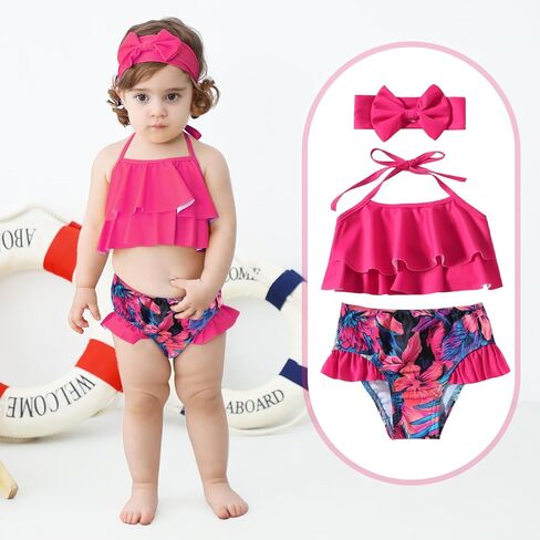 Neutocd Toddler Baby Infant Swimsuit Girl Ruffles Bathing Suit Halter Top Bikini with Headband Baby Girls' Swimwear in Saudi Arabia