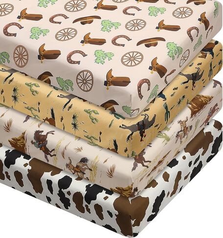 4 Pcs Western Cowboy Crib Sheet Set Newborn Bedding Nursery Baby Sheets for Girl Boys Baby Gifts for Standard Crib and Toddler Mattresses, 52 x 28 x 8 Inches in Saudi Arabia