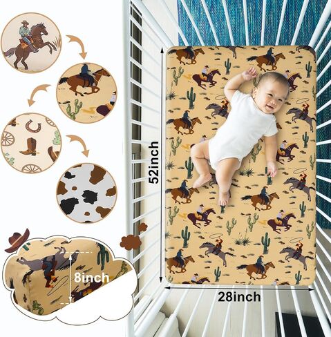 4 Pcs Western Cowboy Crib Sheet Set Newborn Bedding Nursery Baby Sheets for Girl Boys Baby Gifts for Standard Crib and Toddler Mattresses, 52 x 28 x 8 Inches in Saudi Arabia