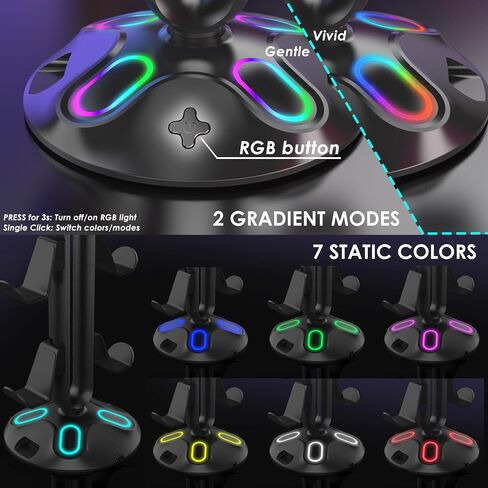 حامل وحدة تحكم سماعة الرأس RGB، حامل سماعة رأس للألعاب بـ 9 أوضاع إضاءة للمكتب، حامل سماعة رأس وحدة التحكم مع USB*2+Type-C+3.5 مم - الشحن والبيانات لملحقات ألعاب إعداد الألعاب (أسود) in Saudi Arabia