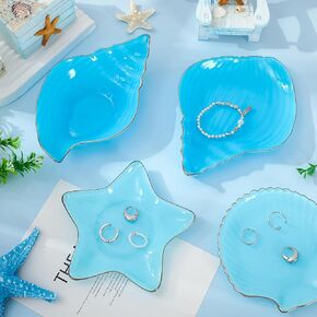4Pcs Conch Shell Jewelry Tray Summer Aqua Starfish Shell Shape Glass Trinket Dish Sea Life Decorative Plate for Ring Earring Necklace Bracelet in Saudi Arabia