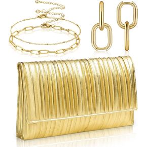 Quelay 3 Pcs Gold Clutch Purse for Women Evening Prom Purses and Jewelry Set Flap Bag Formal Earrings Adjustable Layered Bracelet for Formal Prom Party Wedding Date in Saudi Arabia