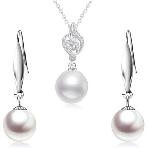 14k White Gold Diamond Pearl Necklace and 18k Gold Pearl Dangle Earrings Jewelry Set for Women in Saudi Arabia