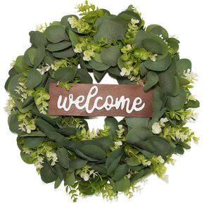 Green Eucalyptus Leaf Wreath with Welcome Sign,Artificial Eucalyptus Wreath for Front Door Wall Window Farmhouse Festival Porch Patio Garden Decor,Spring Summer Wreaths for Indoor Outdoor in Saudi Arabia