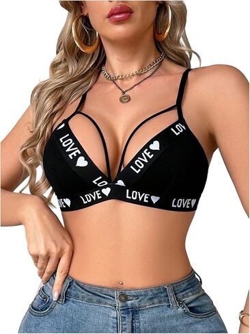 SOLY HUX Bras for Women Letter Heart Print Wireless Bras Cut Out Adjustable Strap Everyday Bralette in Saudi Arabia