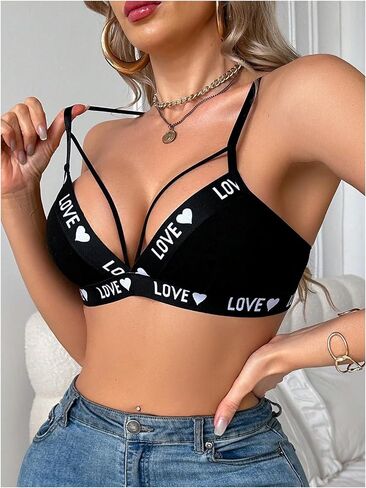 SOLY HUX Bras for Women Letter Heart Print Wireless Bras Cut Out Adjustable Strap Everyday Bralette in Saudi Arabia