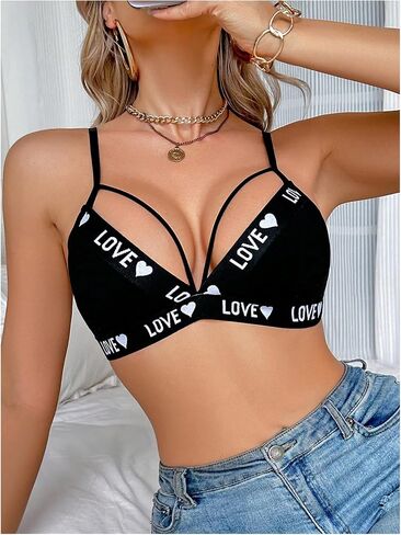 SOLY HUX Bras for Women Letter Heart Print Wireless Bras Cut Out Adjustable Strap Everyday Bralette in Saudi Arabia