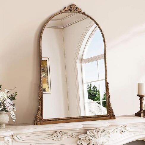 مرآة كبيرة مقوسة ، 29 × 40 بوصة تقليدية خمر مزخرفة الباروكية المرآة العتيقة على الحائط مثبتة على الحائط للمدخل ، الموقد ، غرفة المعيشة ، الحمام in Kuwait