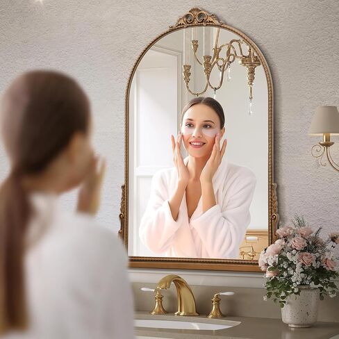 مرآة كبيرة مقوسة ، 29 × 40 بوصة تقليدية خمر مزخرفة الباروكية المرآة العتيقة على الحائط مثبتة على الحائط للمدخل ، الموقد ، غرفة المعيشة ، الحمام in Kuwait