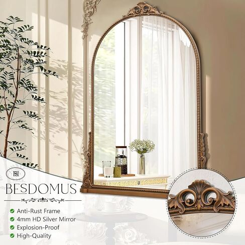 مرآة كبيرة مقوسة ، 29 × 40 بوصة تقليدية خمر مزخرفة الباروكية المرآة العتيقة على الحائط مثبتة على الحائط للمدخل ، الموقد ، غرفة المعيشة ، الحمام in Kuwait