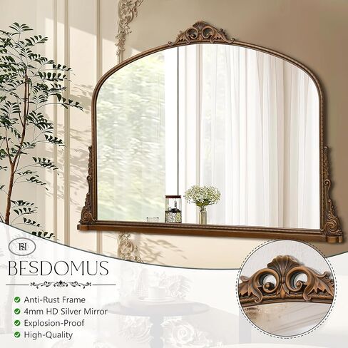 مرآة كبيرة مقوسة ، 29 × 40 بوصة تقليدية خمر مزخرفة الباروكية المرآة العتيقة على الحائط مثبتة على الحائط للمدخل ، الموقد ، غرفة المعيشة ، الحمام in Kuwait