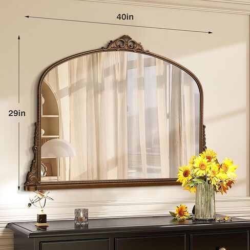 مرآة كبيرة مقوسة ، 29 × 40 بوصة تقليدية خمر مزخرفة الباروكية المرآة العتيقة على الحائط مثبتة على الحائط للمدخل ، الموقد ، غرفة المعيشة ، الحمام in Kuwait